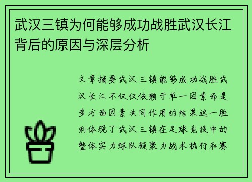 武汉三镇为何能够成功战胜武汉长江背后的原因与深层分析